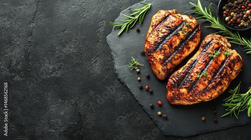 Grilled chicken breast on a dark stone platter.