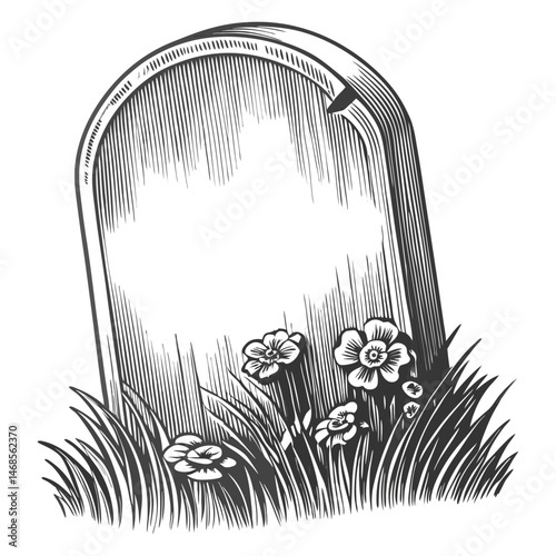 tombstone surrounded by tall grass and flowers, evoking a nostalgic and gothic atmosphere sketch engraving generative ai raster illustration