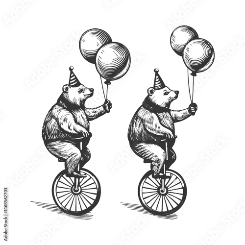 bears riding bicycles, wearing party hats and holding balloons, evoking a circus or carnival theme Set