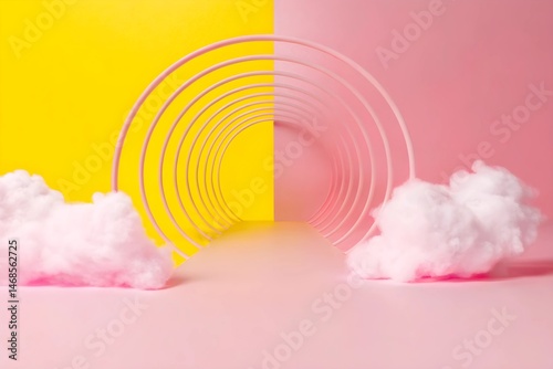 3d render, abstract minimal background with white clouds flying out the tunnel