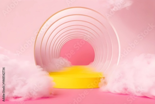 3d render, abstract minimal background with white clouds flying out the tunnel