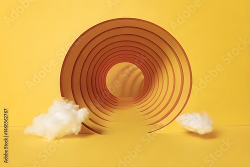 3d render, abstract minimal background with white clouds flying out the tunnel