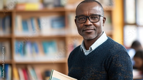 Thoughtful male educator holding a book while standing in a library with shelves filled with books and students in the background, engaging in learning