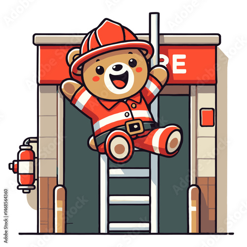 Cheerful Cartoon Bear Firefighter Sliding Down Ladder at the Fire Station In Uniform