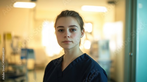 Young Female Medical Professional in Scrubs with Natural Light in Hospital Environment, Ready to Assist Patients with Caring Attitude