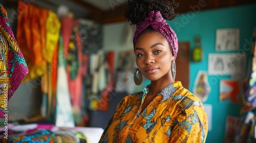 Beautiful young woman wearing a vibrant headwrap and colorful shirt in an artistic room filled with fabric patterns and cultural artwork