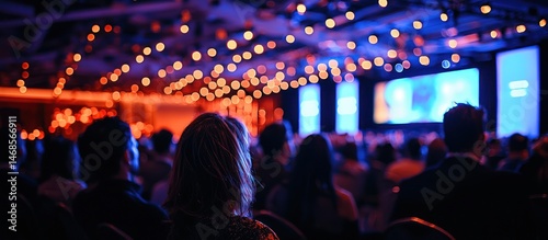 People sitting watching a presentation in a large auditorium