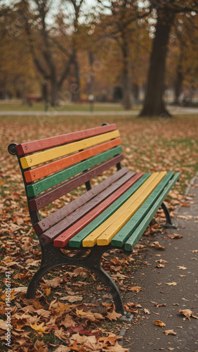 Colorful Bench in Autumn Park with Fallen Leaves Calm Fall Day