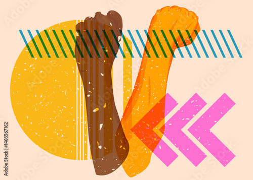 Risograph Clenched fist with geometric shapes. Objects in trendy riso graph print texture style design with geometry elements.