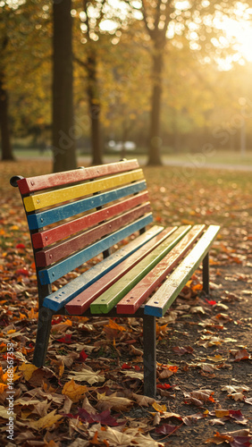 Colorful Park Bench Among Fallen Autumn Leaves in Golden Light