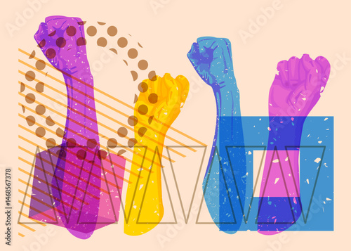 Risograph Clenched fist with geometric shapes. Objects in trendy riso graph print texture style design with geometry elements.