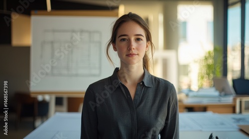 Young woman in a modern office environment, standing confidently in front of architectural blueprints with natural light illuminating the space