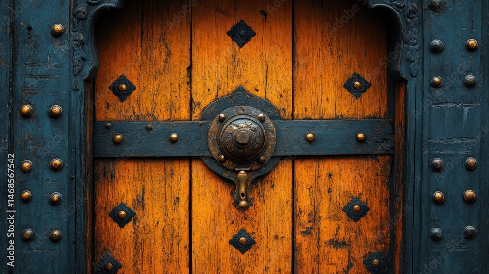 Fototapeta premium Ornate wooden door with metal accents