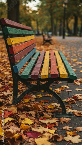 Colorful Park Bench in Autumn with Fallen Leaves on the Ground