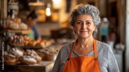 Smiling mature woman in orange apron stands proudly in bakery with fresh pastries and bread displayed in background, showcasing her passion for baking