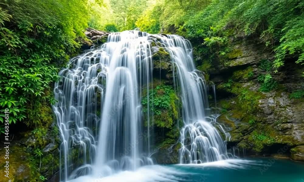 Serene Waterfall Cascading Through Lush Green Foliage Serene Waterfall Cascading Through Lush Green Foliage