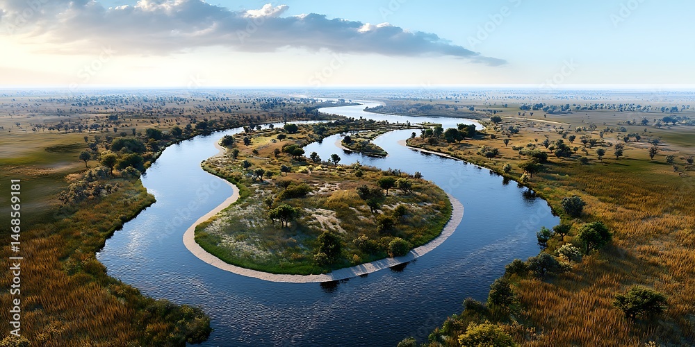 Obraz premium Stunning photorealistic view of a serene river delta landscape from above nature photography