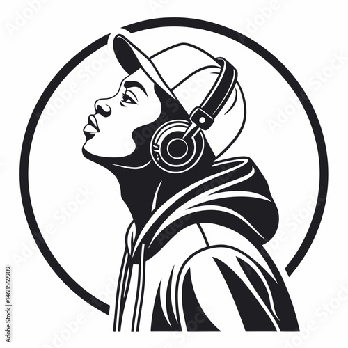 vector icon of a person listening to music with headphones, black silhouette, white background, modern design 