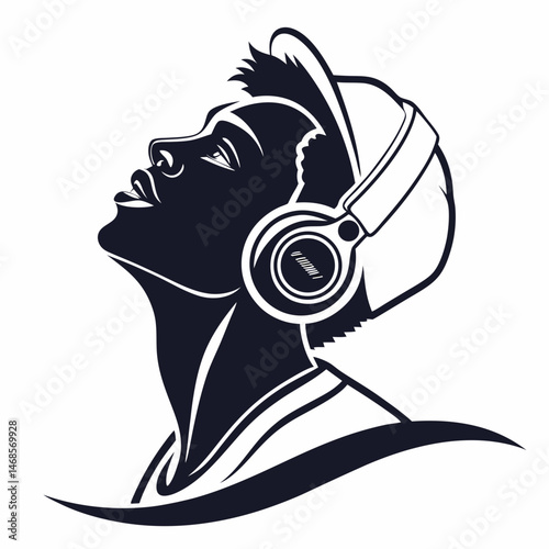 vector icon of a person listening to music with headphones, black silhouette, white background, modern design 