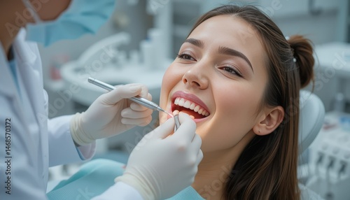 A woman is getting her teeth cleaned by a dentist