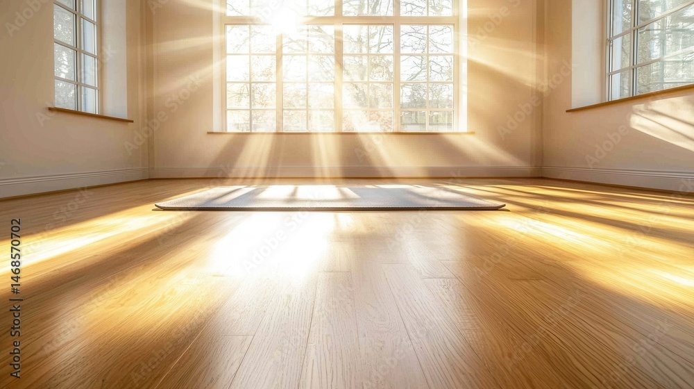 Fototapeta premium Sunbeams Streaming Through Large Window Onto Hardwood Floor with Yoga Mat