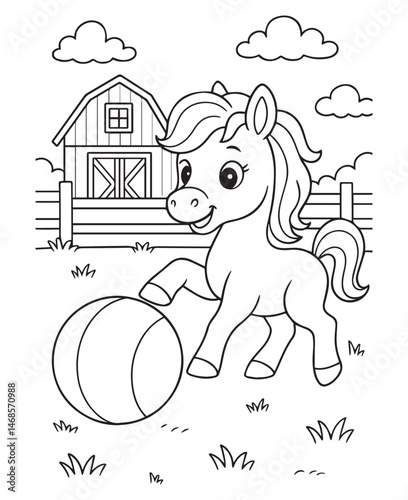Coloring book pony playfully pushes a large ball with its hoof in a farmyard with a barn