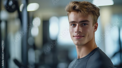 Young Athletic Man in Gym Smiling at Camera with Fitness Equipment in Background for Health and Wellness Promotion