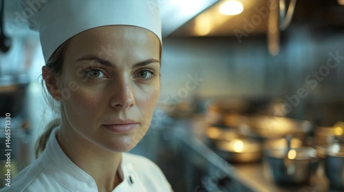 Focused Chef in Modern Kitchen Environment with Professional Attire and Serious Expression Surrounded by Cooking Equipment and Ingredients