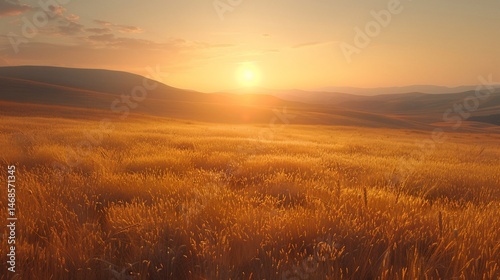 Fototapeta Naklejka Na Ścianę i Meble -  Golden meadow at sunrise. Lush field of tall grass under a warm golden sunset