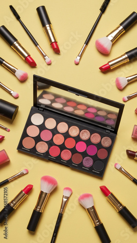 Arrangement of Makeup Palette, Brushes and Lipstick on Yellow