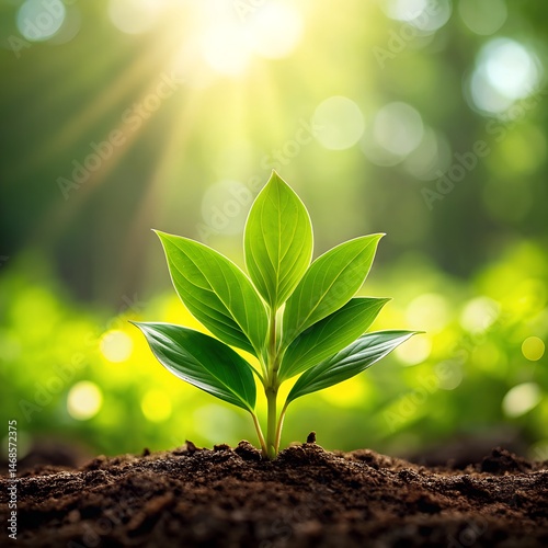  A vibrant young plant with broad, healthy leaves emerges from rich soil, bathed in the warm sunlight of a new dawn.  