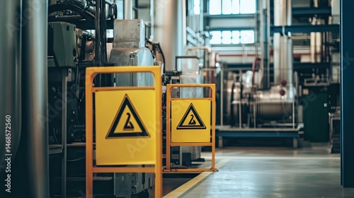 Wallpaper Mural Industrial setting with yellow caution signs placed near equipment Torontodigital.ca
