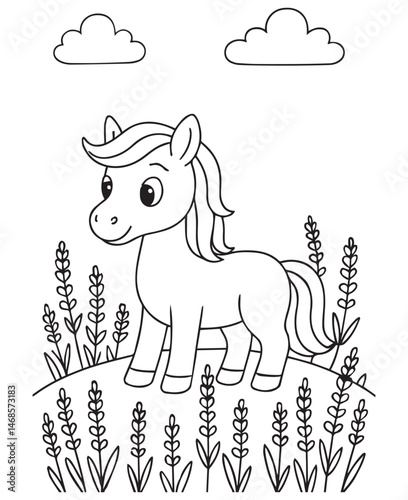 Coloring book pony stands in a field of lavender under a sunny sky with fluffy clouds
