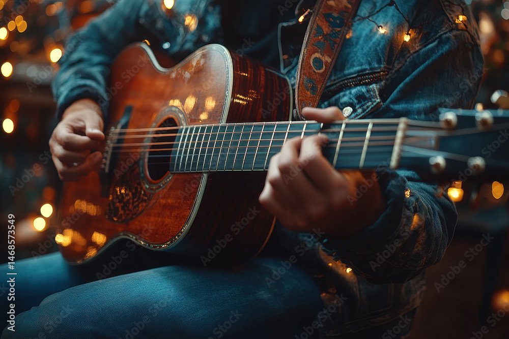 Fototapeta premium Man playing guitar in front of Christmas tree.