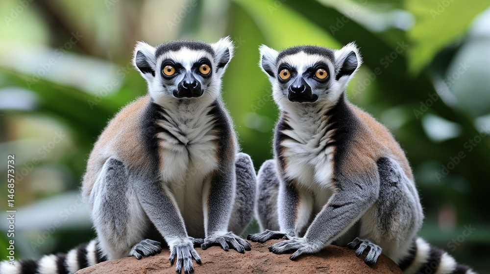 Fototapeta premium Two ring-tailed lemurs facing forward, side-by-side on a rock, in a lush green background