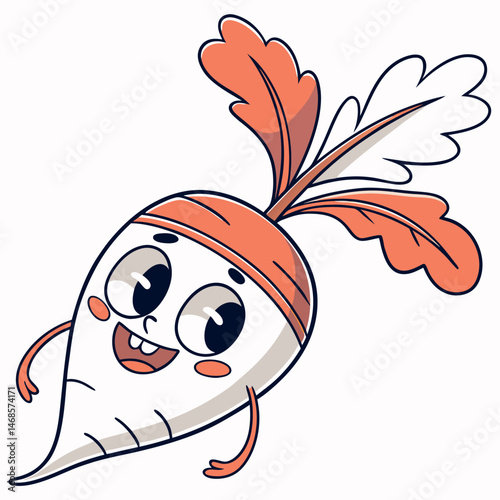 A cartoon radish character with big eyes smiling on a white background illustration