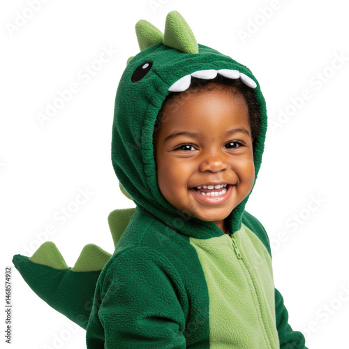 Fototapeta Naklejka Na Ścianę i Meble -  a cute toddler in a green dinosaur costume with tail and hood
