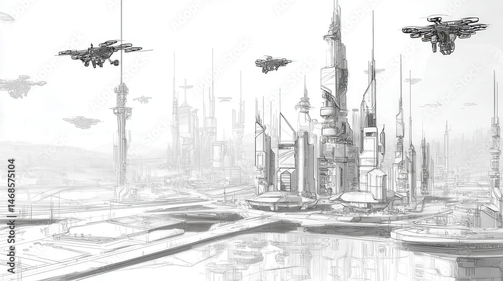 Fototapeta premium Monochrome futuristic city landscape with aerial vehicles.