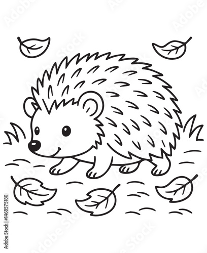 Coloring book hedgehog walks through fallen autumn leaves in the grass.