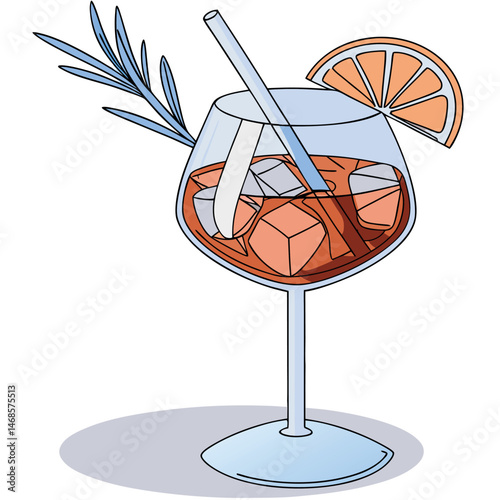 Illustration of a spritz cocktail with ice cubes orange slice and rosemary garnish