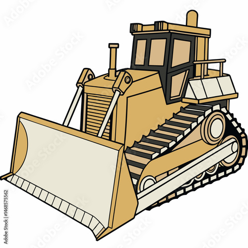 A cartoon illustration of a yellow bulldozer with a large white blade isolated