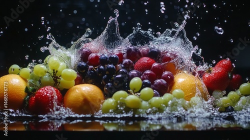 A vibrant display of fresh fruits immersed in splashing water.