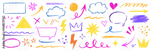 Kid color pencil hand drawn line element set. Chalk pencil hand drawn doodle sketch texture color kid crayon arrow, heart, cloud shape set. Texture chalk, crayon pencil style. Vector illustration