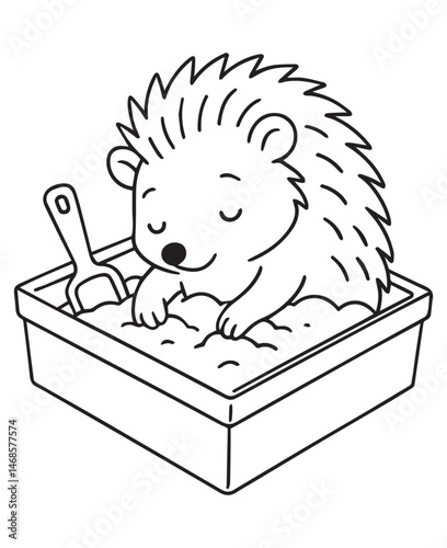 Coloring book hedgehog happily digs in a sandbox with a small shovel