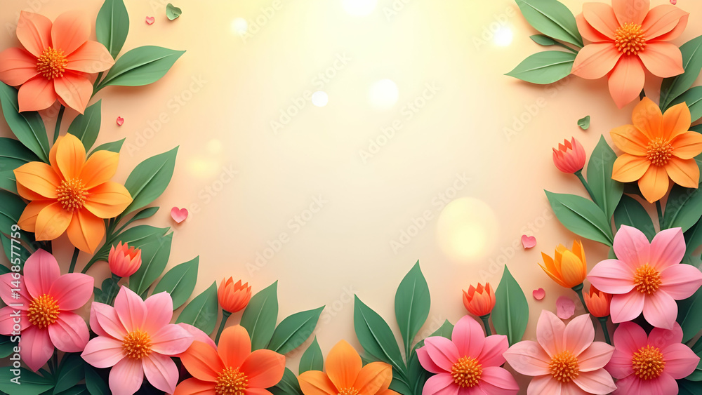 Naklejka premium Floral Frame with Vibrant Spring Flowers and Leaves Decoration