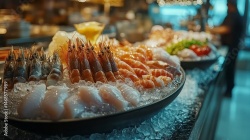 Fresh seafood display on ice in a restaurant.