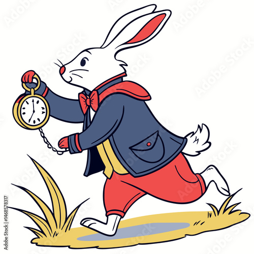 A cartoon white rabbit running with a pocket watch wearing a suit and red bow tie