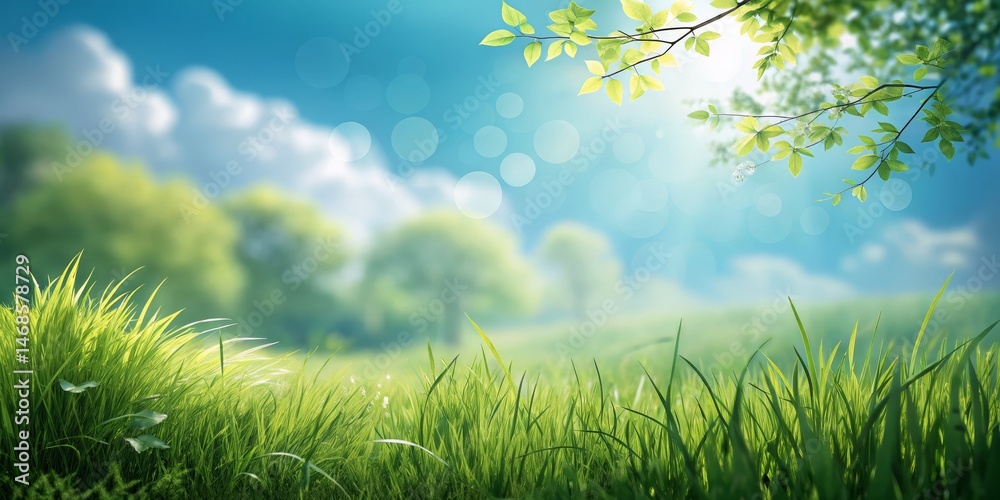 Fototapeta premium Lush Green Meadow Sunny Sky, Fresh Grass and Gentle Breeze, Spring , Nature