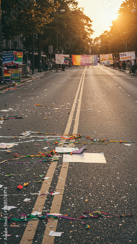 Street after a parade with streamers and confetti, celebration background