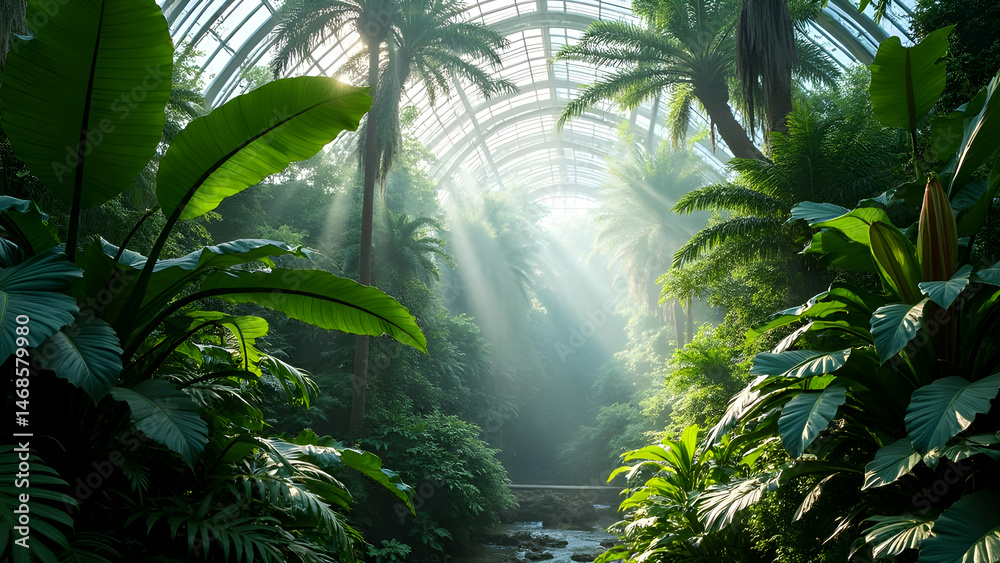 Naklejka premium Lush Tropical Oasis Sunlight Streaming Through Glasshouse Canopy